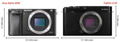 Größenvergleich: Sony Alpha 6000 vs. Fujifilm X-E4 Größenvergleich: Sony Alpha 6000 vs. Fujifilm X-E4