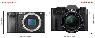 Größenvergleich: Sony Alpha 6000 vs. Fujifilm X-T10 Größenvergleich: Sony Alpha 6000 vs. Fujifilm X-T10