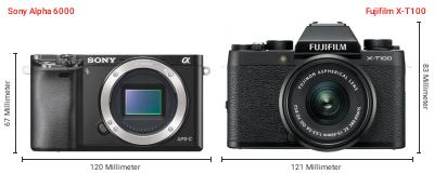 Größenvergleich: Sony Alpha 6000 vs. Fujifilm X-T100 Größenvergleich: Sony Alpha 6000 vs. Fujifilm X-T100