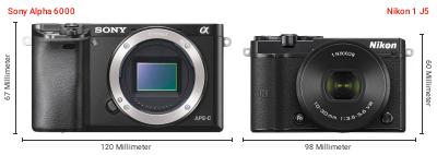 Größenvergleich: Sony Alpha 6000 vs. Nikon 1 J5 Größenvergleich: Sony Alpha 6000 vs. Nikon 1 J5