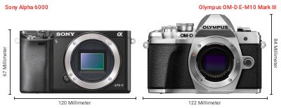 Größenvergleich: Sony Alpha 6000 vs. OM System OM-D E-M10 Mark III Größenvergleich: Sony Alpha 6000 vs. OM System OM-D E-M10 Mark III