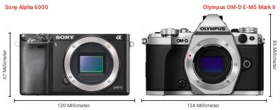 Größenvergleich: Sony Alpha 6000 vs. OM System OM-D E-M5 Mark II Größenvergleich: Sony Alpha 6000 vs. OM System OM-D E-M5 Mark II