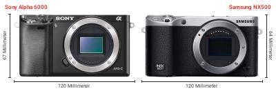 Größenvergleich: Sony Alpha 6000 vs. Samsung NX500 Größenvergleich: Sony Alpha 6000 vs. Samsung NX500