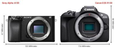 Größenvergleich: Sony Alpha 6100 vs. Canon EOS R100 Größenvergleich: Sony Alpha 6100 vs. Canon EOS R100