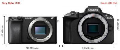 Größenvergleich: Sony Alpha 6100 vs. Canon EOS R50 Größenvergleich: Sony Alpha 6100 vs. Canon EOS R50