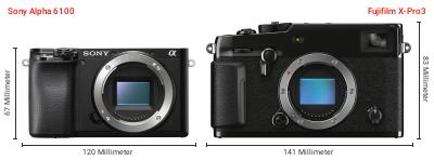 Größenvergleich: Sony Alpha 6100 vs. Fujifilm X-Pro3 Größenvergleich: Sony Alpha 6100 vs. Fujifilm X-Pro3