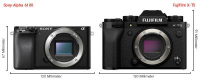 Größenvergleich: Sony Alpha 6100 vs. Fujifilm X-T5 Größenvergleich: Sony Alpha 6100 vs. Fujifilm X-T5