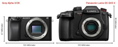 Größenvergleich: Sony Alpha 6100 vs. Panasonic Lumix DC-GH5 II Größenvergleich: Sony Alpha 6100 vs. Panasonic Lumix DC-GH5 II