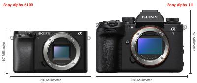 Größenvergleich: Sony Alpha 6100 vs. Sony Alpha 1 II Größenvergleich: Sony Alpha 6100 vs. Sony Alpha 1 II