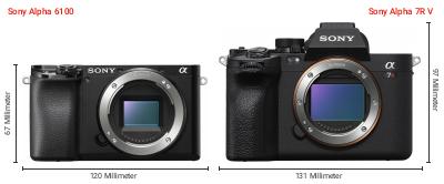 Größenvergleich: Sony Alpha 6100 vs. Sony Alpha 7R V Größenvergleich: Sony Alpha 6100 vs. Sony Alpha 7R V