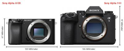 Größenvergleich: Sony Alpha 6100 vs. Sony Alpha 9 III Größenvergleich: Sony Alpha 6100 vs. Sony Alpha 9 III