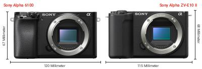 Größenvergleich: Sony Alpha 6100 vs. Sony Alpha ZV-E10 II Größenvergleich: Sony Alpha 6100 vs. Sony Alpha ZV-E10 II