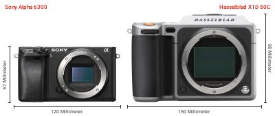 Größenvergleich: Sony Alpha 6300 vs. Hasselblad X1D 50C Größenvergleich: Sony Alpha 6300 vs. Hasselblad X1D 50C
