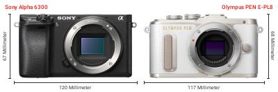 Größenvergleich: Sony Alpha 6300 vs. OM System PEN E-PL8 Größenvergleich: Sony Alpha 6300 vs. OM System PEN E-PL8