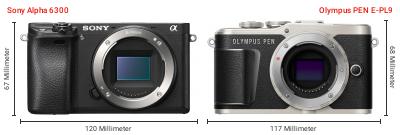 Größenvergleich: Sony Alpha 6300 vs. OM System PEN E-PL9 Größenvergleich: Sony Alpha 6300 vs. OM System PEN E-PL9