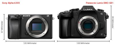 Größenvergleich: Sony Alpha 6300 vs. Panasonic Lumix DMC-G81 Größenvergleich: Sony Alpha 6300 vs. Panasonic Lumix DMC-G81