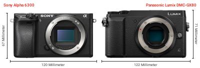 Größenvergleich: Sony Alpha 6300 vs. Panasonic Lumix DMC-GX80 Größenvergleich: Sony Alpha 6300 vs. Panasonic Lumix DMC-GX80