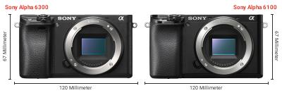Größenvergleich: Sony Alpha 6300 vs. Sony Alpha 6100 Größenvergleich: Sony Alpha 6300 vs. Sony Alpha 6100