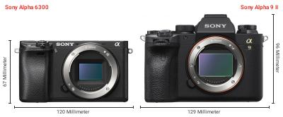 Größenvergleich: Sony Alpha 6300 vs. Sony Alpha 9 II Größenvergleich: Sony Alpha 6300 vs. Sony Alpha 9 II