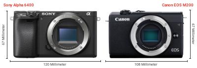 Größenvergleich: Sony Alpha 6400 vs. Canon EOS M200 Größenvergleich: Sony Alpha 6400 vs. Canon EOS M200