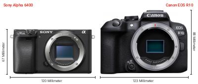 Größenvergleich: Sony Alpha 6400 vs. Canon EOS R10 Größenvergleich: Sony Alpha 6400 vs. Canon EOS R10
