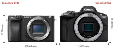 Größenvergleich: Sony Alpha 6400 vs. Canon EOS R50 Größenvergleich: Sony Alpha 6400 vs. Canon EOS R50