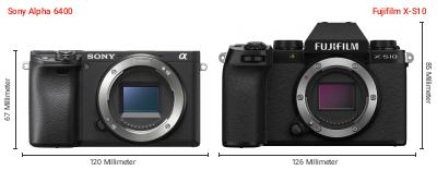 Größenvergleich: Sony Alpha 6400 vs. Fujifilm X-S10 Größenvergleich: Sony Alpha 6400 vs. Fujifilm X-S10