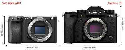 Größenvergleich: Sony Alpha 6400 vs. Fujifilm X-T5 Größenvergleich: Sony Alpha 6400 vs. Fujifilm X-T5