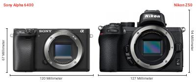 Größenvergleich: Sony Alpha 6400 vs. Nikon Z50 Größenvergleich: Sony Alpha 6400 vs. Nikon Z50