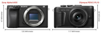 Größenvergleich: Sony Alpha 6400 vs. OM System PEN E-PL10 Größenvergleich: Sony Alpha 6400 vs. OM System PEN E-PL10