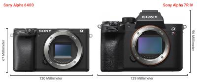 Größenvergleich: Sony Alpha 6400 vs. Sony Alpha 7R IV Größenvergleich: Sony Alpha 6400 vs. Sony Alpha 7R IV