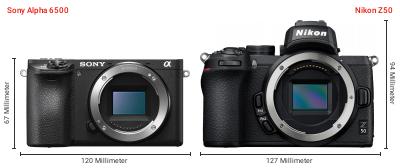 Größenvergleich: Sony Alpha 6500 vs. Nikon Z50 Größenvergleich: Sony Alpha 6500 vs. Nikon Z50
