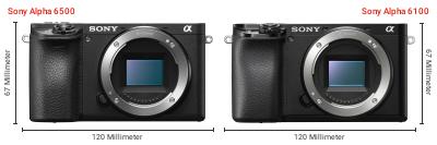 Größenvergleich: Sony Alpha 6500 vs. Sony Alpha 6100 Größenvergleich: Sony Alpha 6500 vs. Sony Alpha 6100