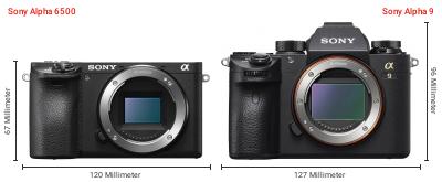 Größenvergleich: Sony Alpha 6500 vs. Sony Alpha 9 Größenvergleich: Sony Alpha 6500 vs. Sony Alpha 9