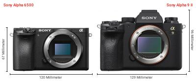 Größenvergleich: Sony Alpha 6500 vs. Sony Alpha 9 II Größenvergleich: Sony Alpha 6500 vs. Sony Alpha 9 II
