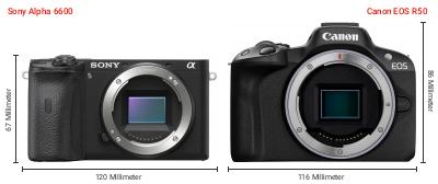 Größenvergleich: Sony Alpha 6600 vs. Canon EOS R50 Größenvergleich: Sony Alpha 6600 vs. Canon EOS R50