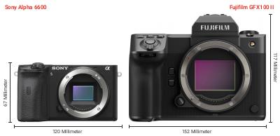 Größenvergleich: Sony Alpha 6600 vs. Fujifilm GFX100 II Größenvergleich: Sony Alpha 6600 vs. Fujifilm GFX100 II