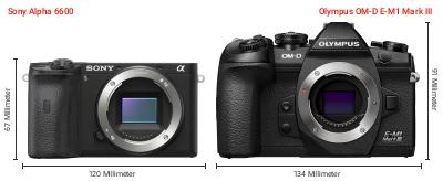 Größenvergleich: Sony Alpha 6600 vs. OM System OM-D E-M1 Mark III Größenvergleich: Sony Alpha 6600 vs. OM System OM-D E-M1 Mark III