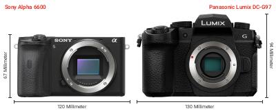 Größenvergleich: Sony Alpha 6600 vs. Panasonic Lumix DC-G97 Größenvergleich: Sony Alpha 6600 vs. Panasonic Lumix DC-G97