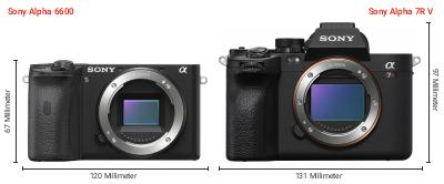 Größenvergleich: Sony Alpha 6600 vs. Sony Alpha 7R V Größenvergleich: Sony Alpha 6600 vs. Sony Alpha 7R V