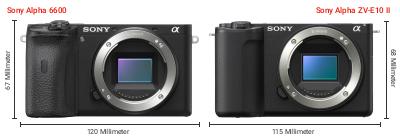 Größenvergleich: Sony Alpha 6600 vs. Sony Alpha ZV-E10 II Größenvergleich: Sony Alpha 6600 vs. Sony Alpha ZV-E10 II