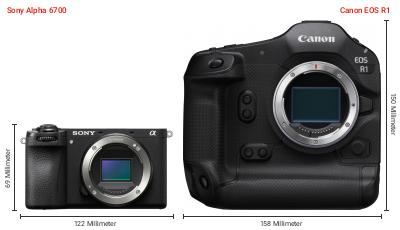 Größenvergleich: Sony Alpha 6700 vs. Canon EOS R1 Größenvergleich: Sony Alpha 6700 vs. Canon EOS R1