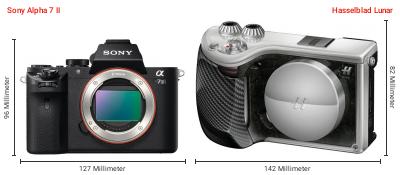 Größenvergleich: Sony Alpha 7 II vs. Hasselblad Lunar Größenvergleich: Sony Alpha 7 II vs. Hasselblad Lunar