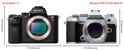 Größenvergleich: Sony Alpha 7 II vs. OM System OM-D E-M5 Mark III