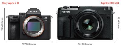Größenvergleich: Sony Alpha 7 III vs. Fujifilm GFX 50R Größenvergleich: Sony Alpha 7 III vs. Fujifilm GFX 50R