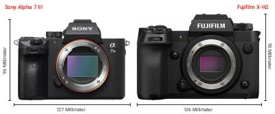Größenvergleich: Sony Alpha 7 III vs. Fujifilm X-H2 Größenvergleich: Sony Alpha 7 III vs. Fujifilm X-H2