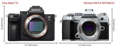 Größenvergleich: Sony Alpha 7 III vs. OM System OM-D E-M5 Mark III
