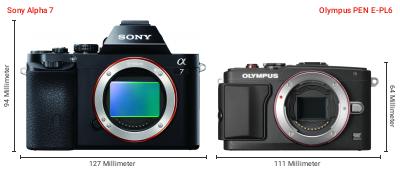 Größenvergleich: Sony Alpha 7 vs. OM System PEN E-PL6 Größenvergleich: Sony Alpha 7 vs. OM System PEN E-PL6