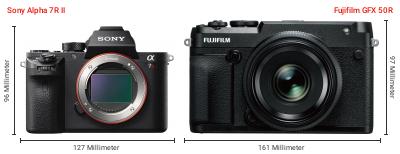 Größenvergleich: Sony Alpha 7R II vs. Fujifilm GFX 50R Größenvergleich: Sony Alpha 7R II vs. Fujifilm GFX 50R