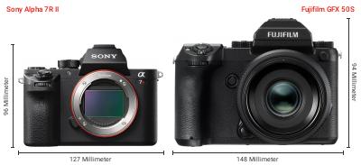 Größenvergleich: Sony Alpha 7R II vs. Fujifilm GFX 50S Größenvergleich: Sony Alpha 7R II vs. Fujifilm GFX 50S